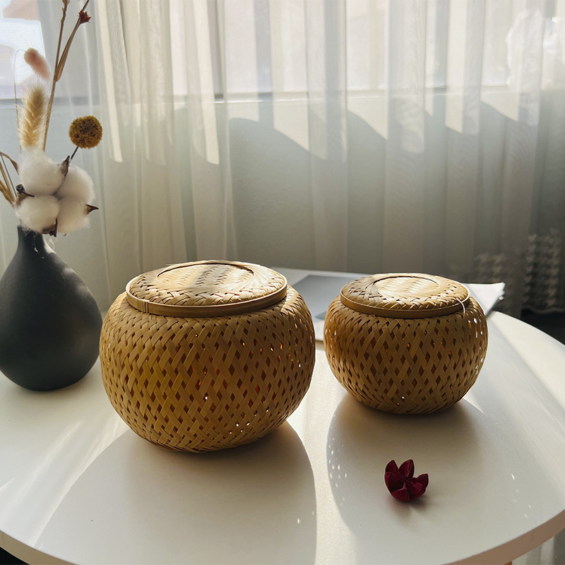 手工竹编制品双层编织普洱沱茶收纳盒茶叶罐花茶龙珠茶叶盒围棋盒