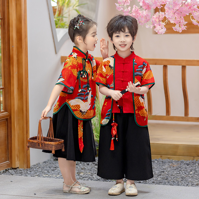 Children's Summer Chinese Style Tangzhuang Performance Costume for Boys and Girls, Hanfu Ancient Style Birthday Dress, Primary School Student Show Costume
