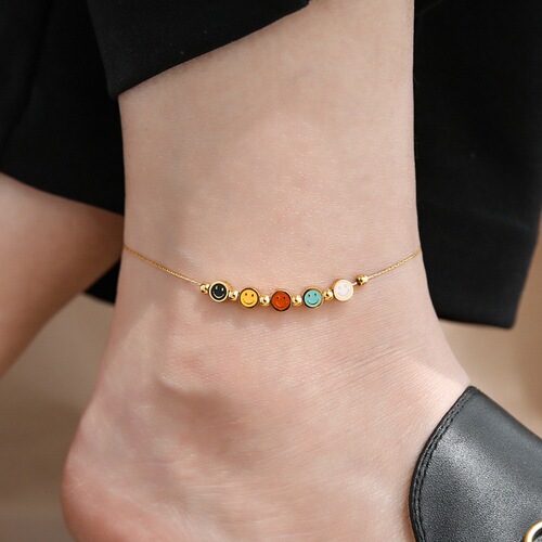 Colorful smiley face anklet for women  new trendy 18k gold high-end anklet summer sexy extended titanium steel does not fade