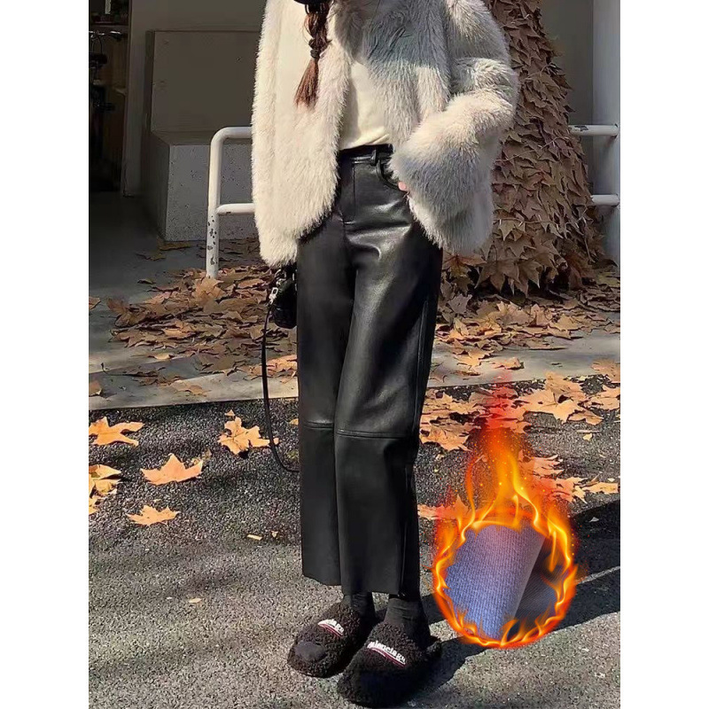 Pu Leather Pants for Women, Spring New Style, Integrated Fleece, Petite Size, 2026 High-Waisted, Fashionable, Loose Fit, Slimming, Cropped Straight-Leg Pants