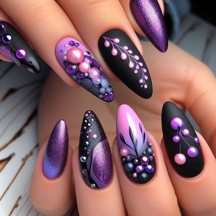Purple nail stickers for manicure, almond fake nails, gradient, print