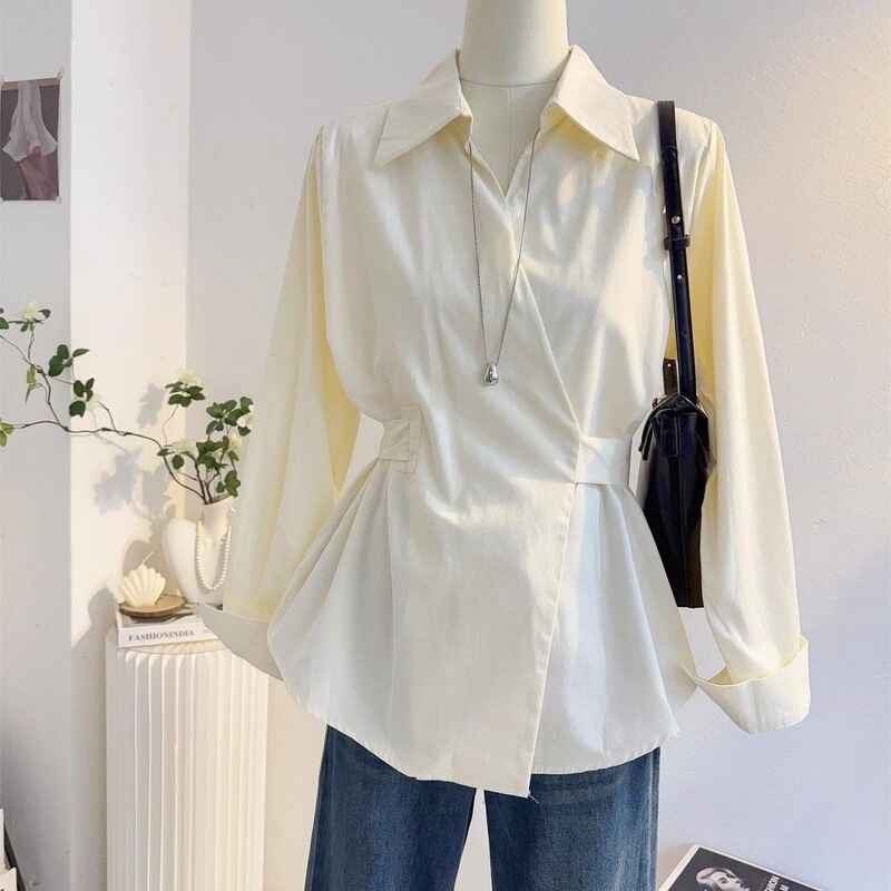 French-style elegant tie-waist long-sleeve shirt for women, 2026 autumn design, slimming commuter shirt, Korean-style top