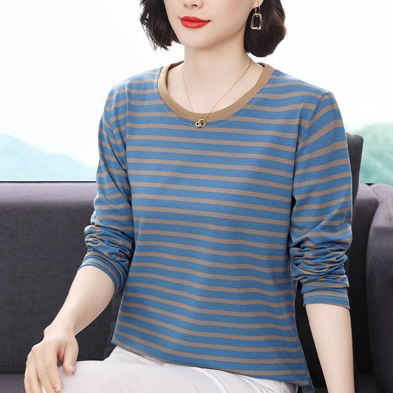 【95% Cotton, 5% Spandex】Women's Trendy and Stylish Round-Neck Striped Long-Sleeve Top for Autumn, Versatile, Fashionable, Simple, and Casual