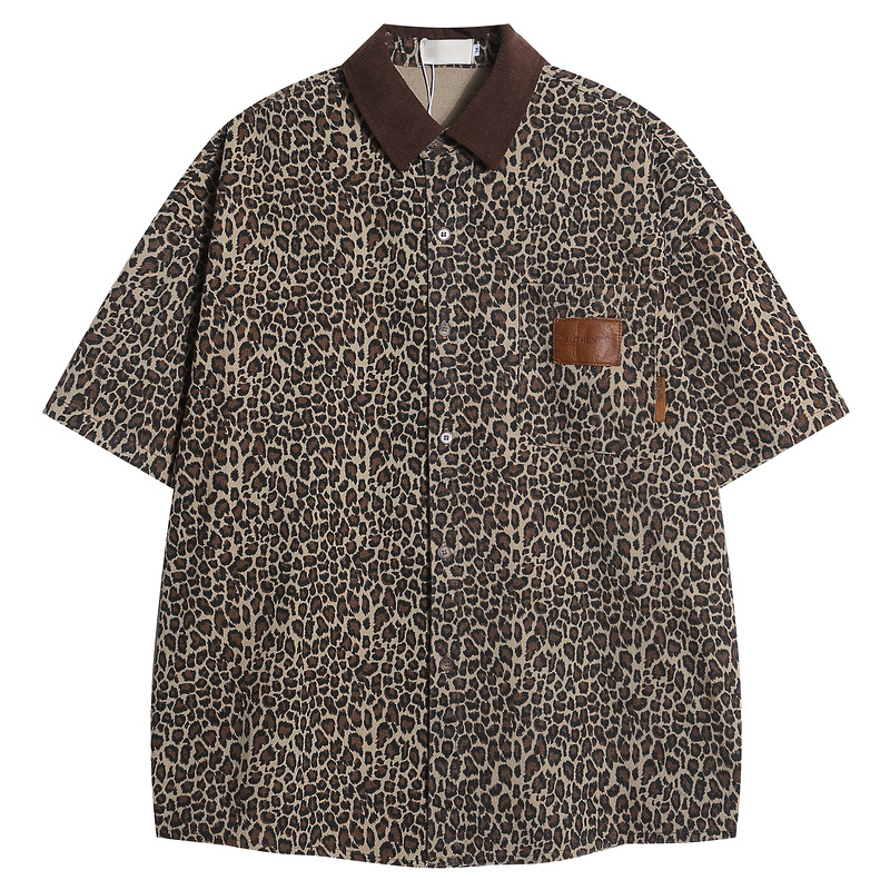 American retro vintage leopard print lapel Denim short sleeve shirt men's and women's fashion brand fried street coat men's 2024