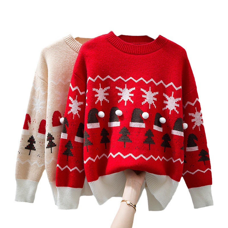 Cross-border foreign trade women's Christmas sweater fashionable pullover round neck Christmas tree jacquard festive sweater loose top