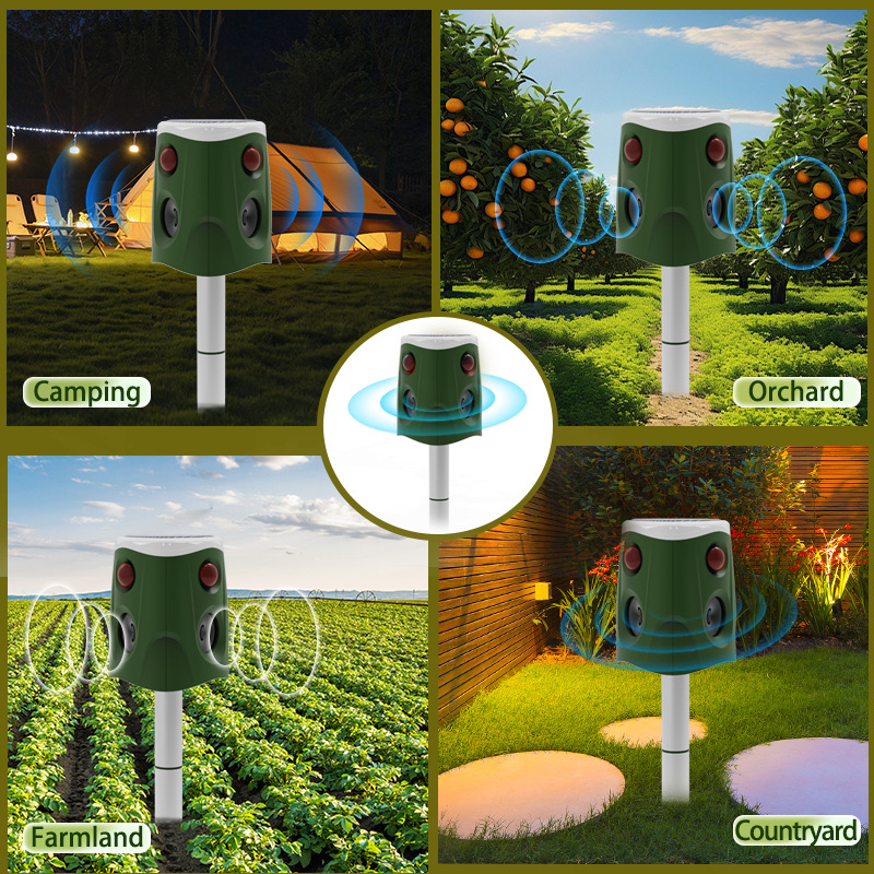 Fábrica al por mayor 360 grados repelente de aves multi-funcional de tres lados cuerno animal Drive al aire libre ultrasónico ratón repelente