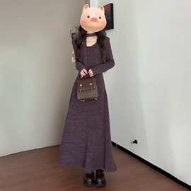 紫色法式v领毛衣针织连衣裙子女秋季2026新款配大衣内搭打底长裙