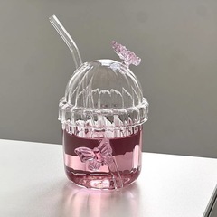 縦紋蝶ククククカップかわいいストローカップ蓋付き高ホウ素シリコンガラスカップ牛乳コーヒーガラス単層カップ