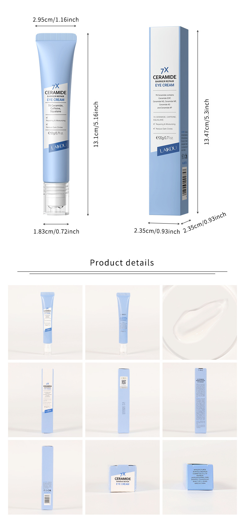 LAIKOU 20g Cross-border Ceramide Eye Cream is a skincare product from a manufacturer that hydrates and moisturizes the skin around the eyes undefined