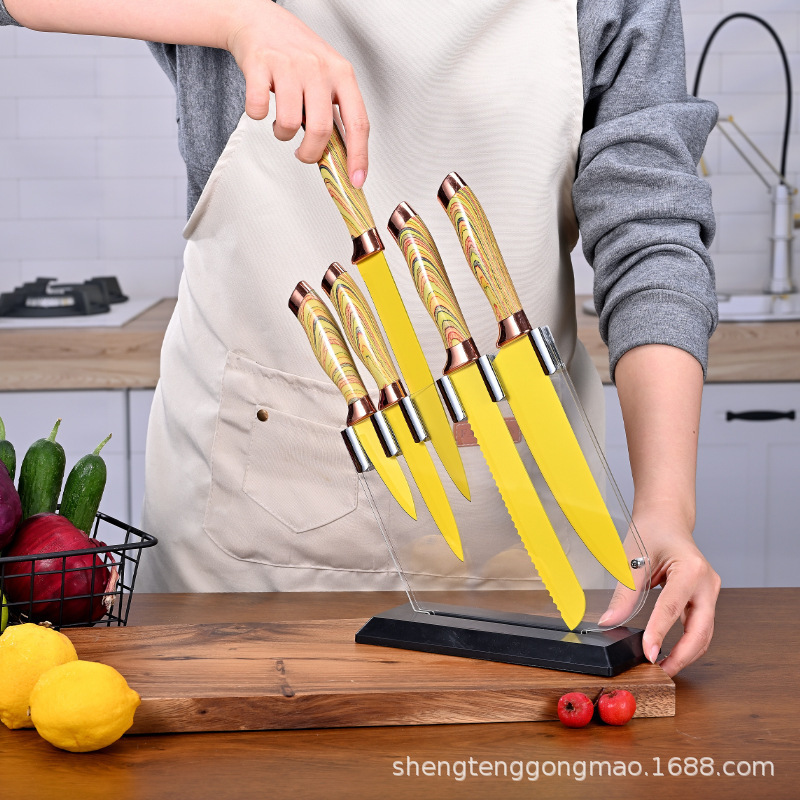 Fabricante mayorista de acero inoxidable con asiento de cuchillo de seis piezas conjunto de doble cabeza galvanizada mango de revestimiento multipropósito cuchillo de cocina juego de regalo