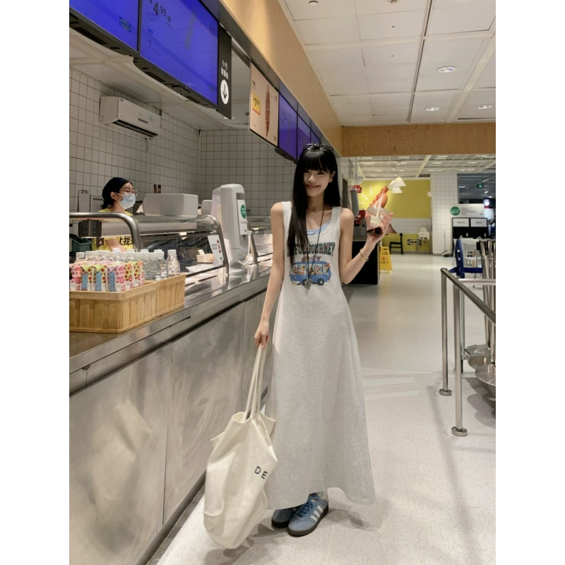 Реальный снимок и реальная цена. Повседневное платье на подтяжках в корейском стиле с принтом, утягивающая юбка средней длины.