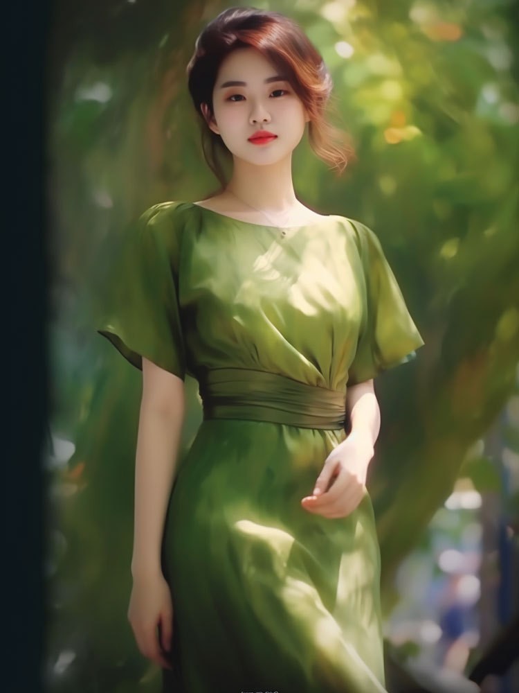 Đầm midi nữ phong cách Pháp eo thon dài qua gối — Váy liền màu xanh lá chi tiết 5