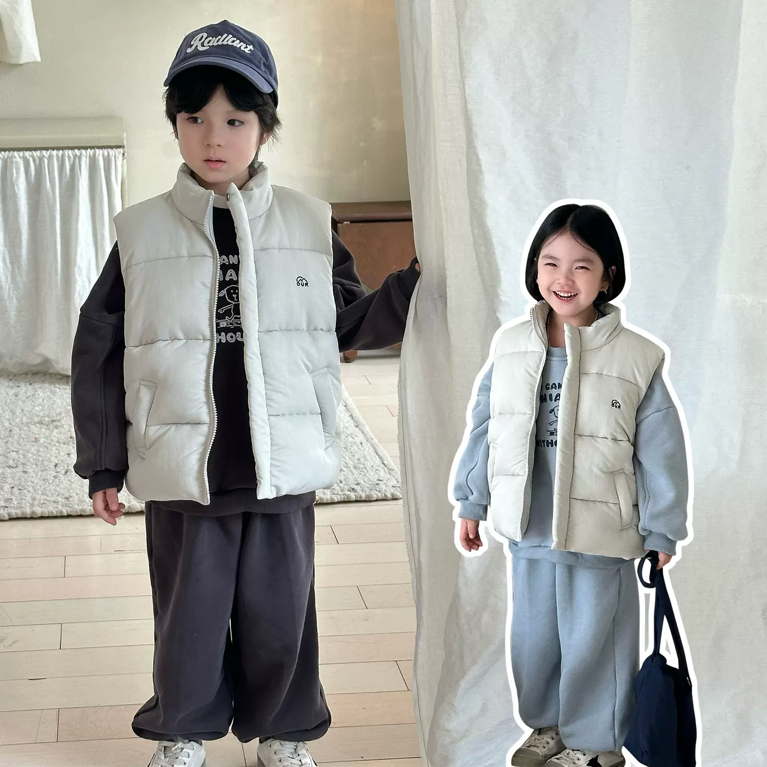 儿童韩版加厚休闲宽松纯色百搭立领棉马甲男女童卡通刺绣坎肩外套