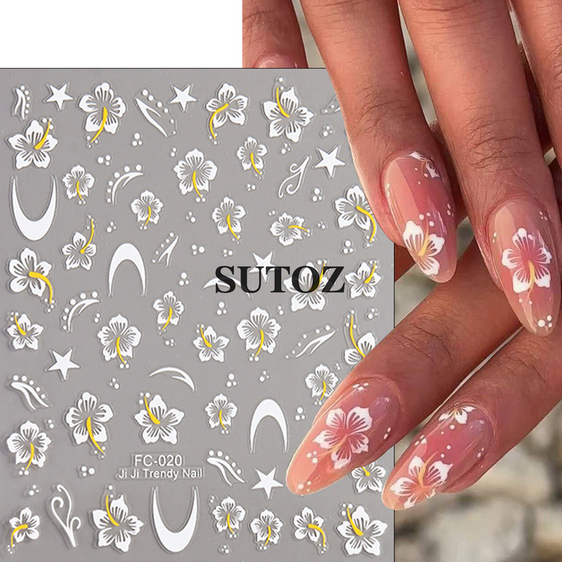 2025 Cross-Border New Nail Art Stickers Ins French Hibiscus Flower Five-Pointed Star Fairy Nail Adhesive Sticker Nail