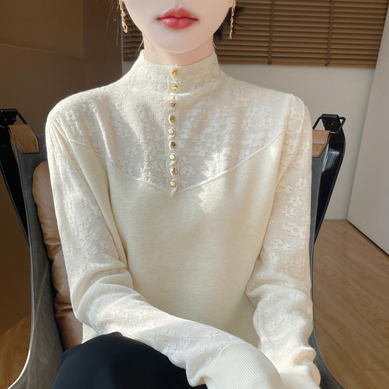 New Versatile Fine-Knit Top with Half-High Collar, Lace Jacquard Sweater for Women, Loose Fit, Slimming, Elegant Knitted Base Shirt