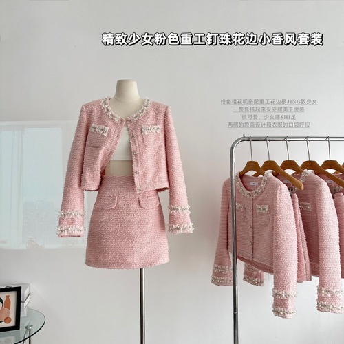 Ms. Weiss's lotus delicate girly pink suit pink heavy beading lace small fragrant jacket for women autumn