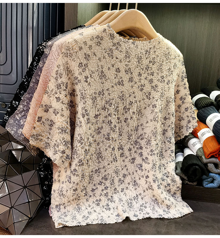 Áo thun cổ tròn tay ngắn hoa nhỏ cao cấp dáng rộng xếp ly nữ mùa hè — màu xanh nước biển, Màu đen, Màu hồng, Màu xám chi tiết 27