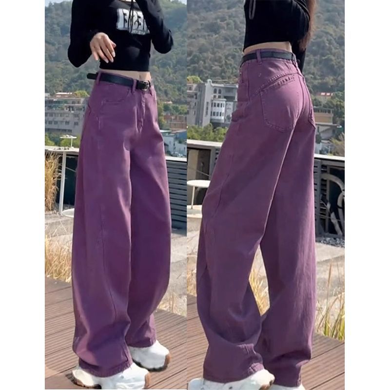 大码紫色弯刀牛仔裤女春季胖mm梨形显瘦高腰直筒宽松拖地阔腿裤子