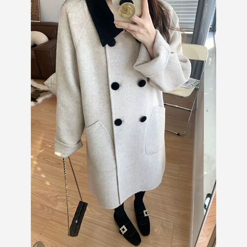 Collar Contrast Style Wool Coat for Women, Winter Medium Long Wool Blend Overcoat