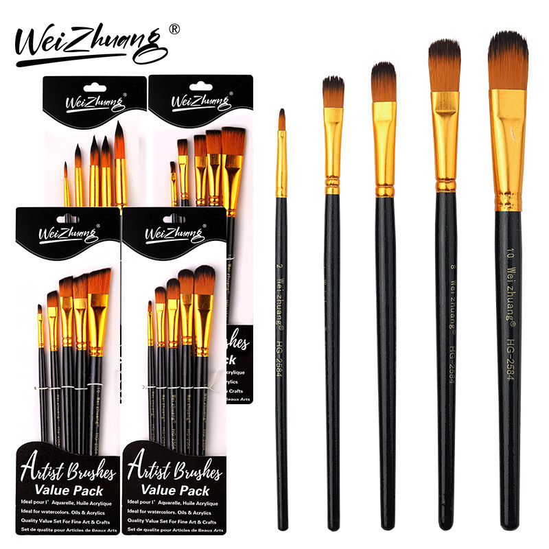 Cinco pinceles transfronterizos de nylon cabello negro de alta calidad suministros de arte estudiantil pintura DIY pinceles pinceles