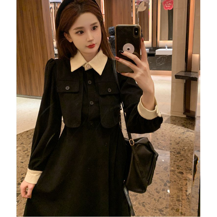 早秋季裙子2025年新款黑色法式连衣裙女春秋装内搭假两件收腰长裙|undefined