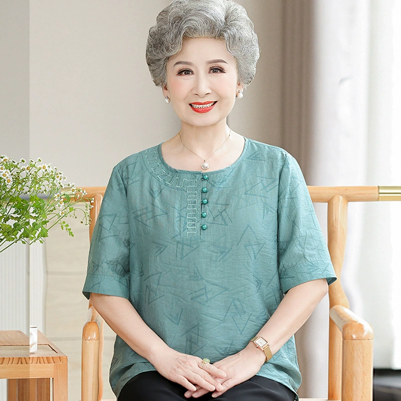 Летняя одежда для пожилых людей, женские футболки для бабушек с короткими рукавами, костюмы для мам из ледяного шелка, новые летние топы с половиной рукавов для людей среднего и пожилого возраста.