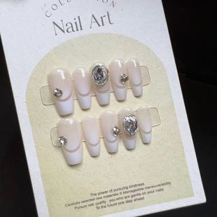 Handmade manicure wear nail fake nail patch Flash diamond white French gradient romantic full house manicure finished product