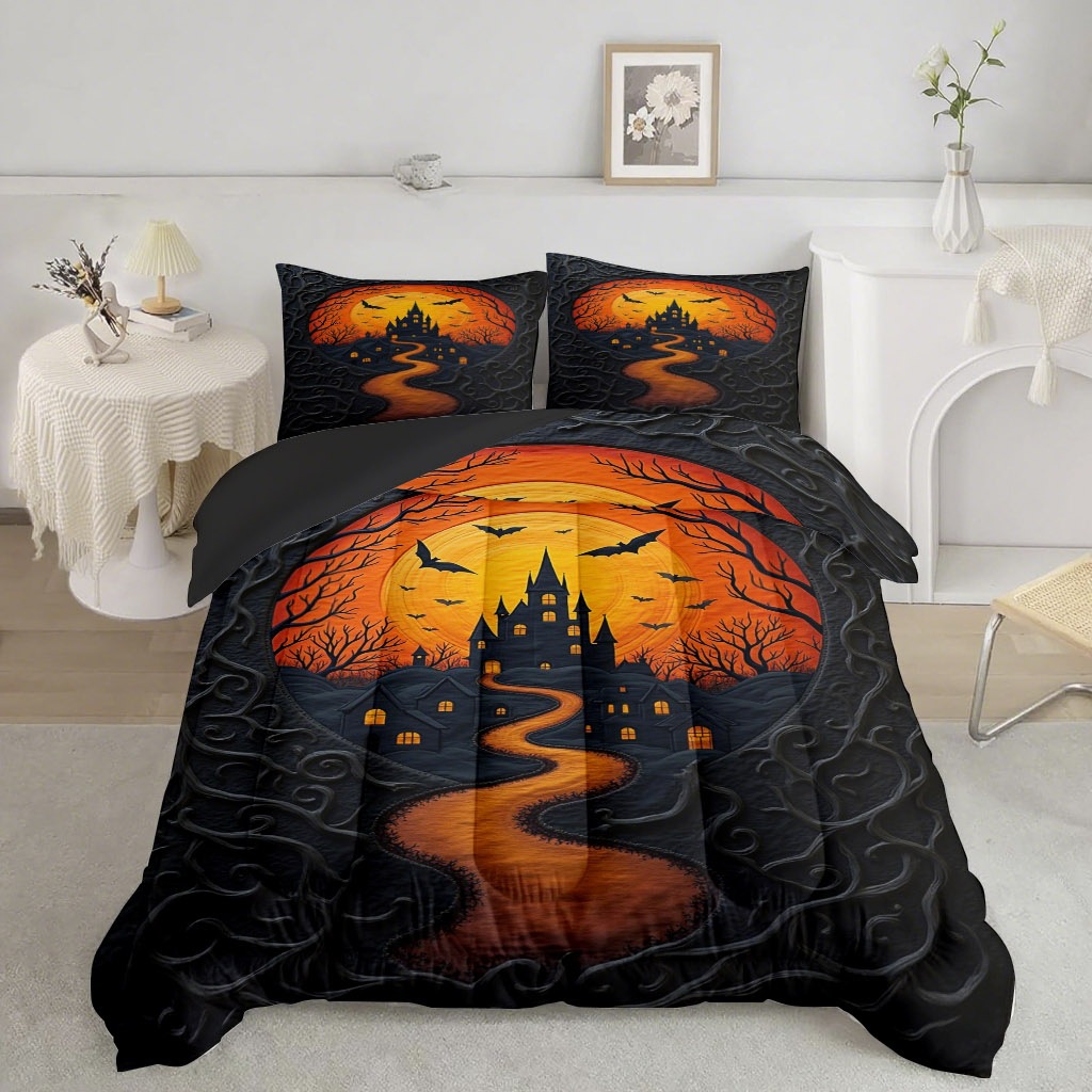 TEMU / JIT transfronterizo Halloween 3D impresión digital 180gms colcha colcha almohada conjunto de dibujo se puede ajustar