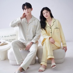 春と秋のパジャマ、男女カップル向け、7A純綿カーディガン、外出着としても着用可能、ホームウェア、長袖長ズボンのツーピースセット
