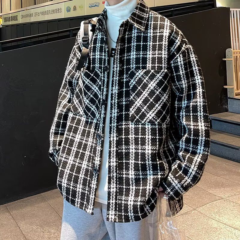 Abrigo de lana de estilo Chanel para hombre Otoño e Invierno camisa de marca de moda a cuadros de alta calidad solapa volante guapo chaqueta suelta moda