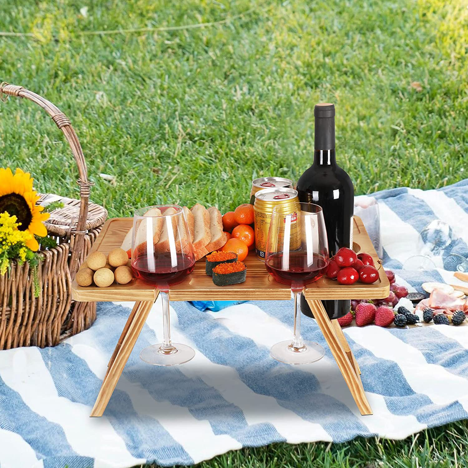 De madera plegable al aire libre portátil al aire libre MESA DE VIAJE plegable mesa de playa bandeja de mesa de vino externa titular de la taza