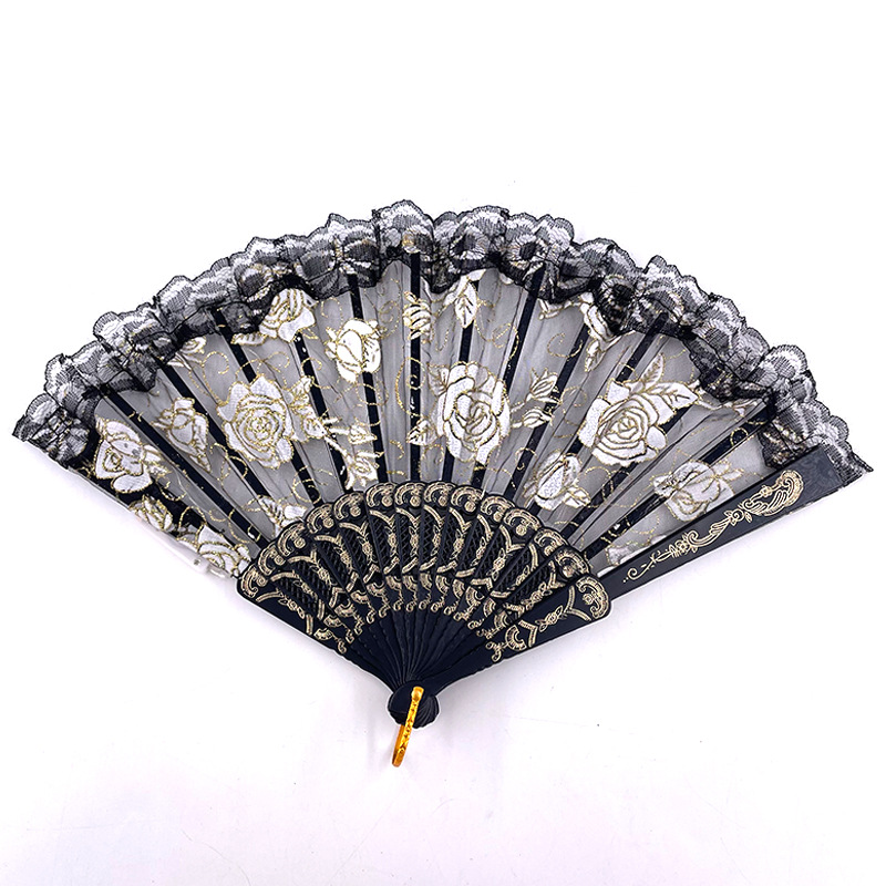 #593-2 7寸-6V双功能-发光玫瑰蕾丝扇黑底暖白色