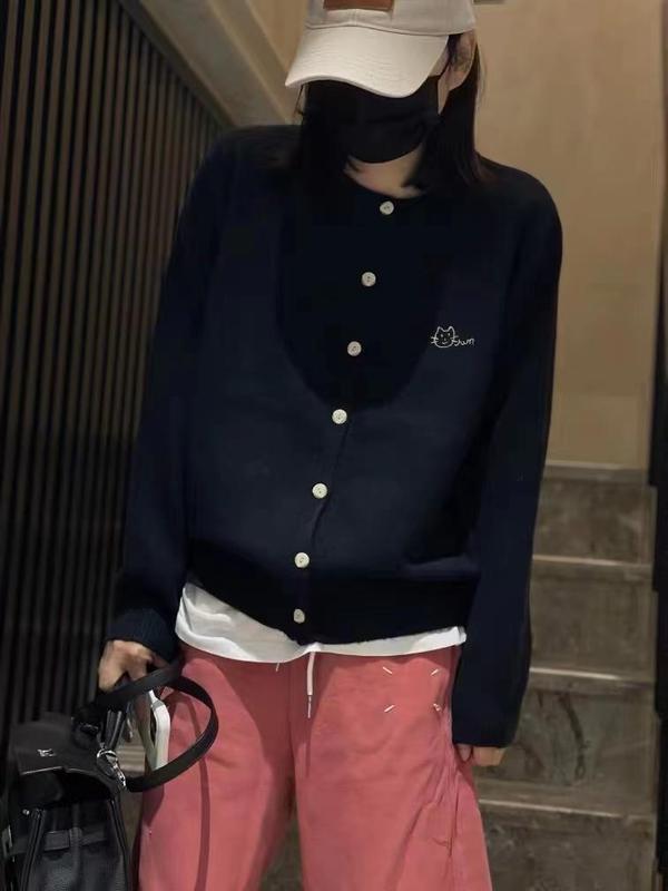花倾慕刺绣小猫开衫外套女2025秋季外搭休闲针织衫百搭长袖上衣灰|undefined