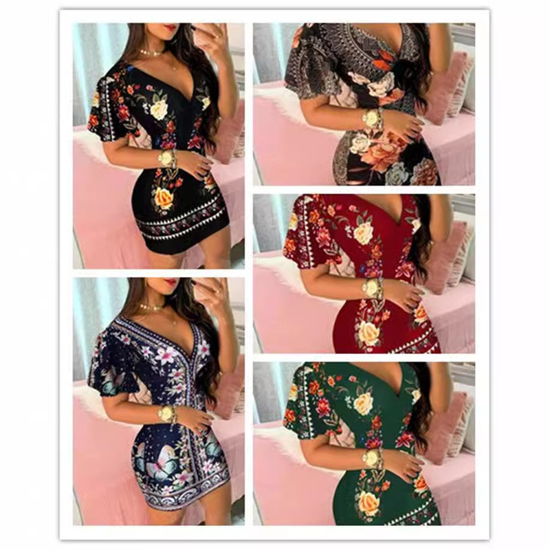 Cross-border European and American eba AliExpress independent station 2022 explosions women's fashion sexy deep V short sleeve hip dress