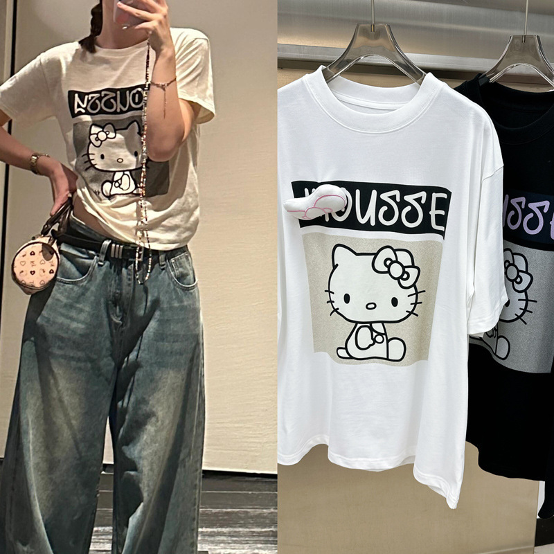 South Korea's Dongdaemun Summer New Fashion American Retro Casual Loose Cartoon Cat Pattern Short-Sleeved T-Shirt for Women t South Korea's Dongdaemun Summer New Fashion American Retro Casual Loose Cartoon Cat Pattern Short-Sleeved T-Shirt for Women t