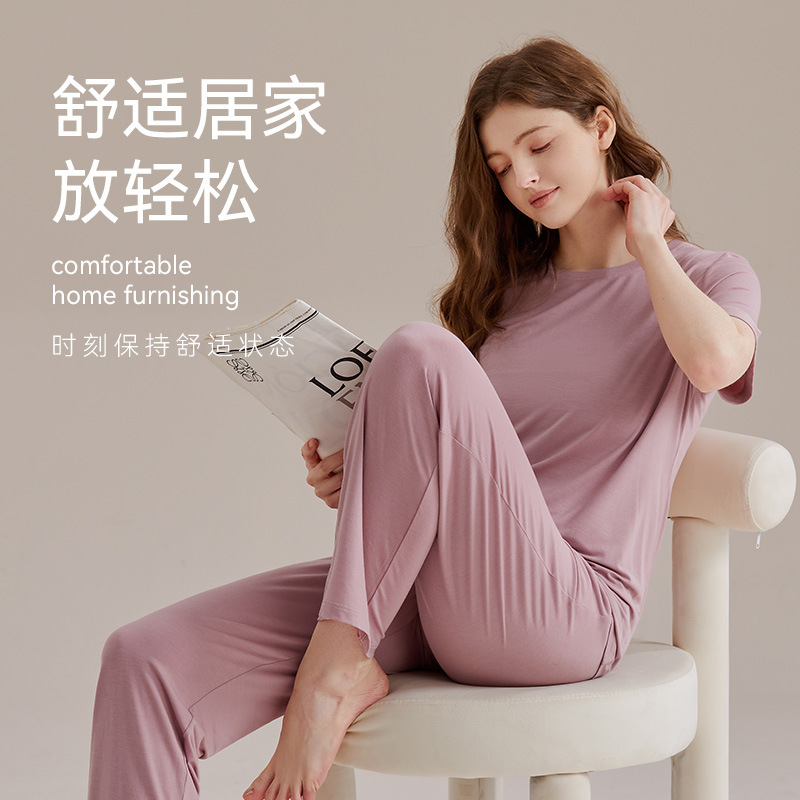 [칭다오지상니트] 여성용 멀버리 실크 홈웨어 반팔 바지 파자마 파자마 모달 슈트 여름