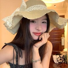 小众洋气夏季防晒遮阳帽子甜美渔夫帽透气蕾丝蝴蝶结大帽檐草A81