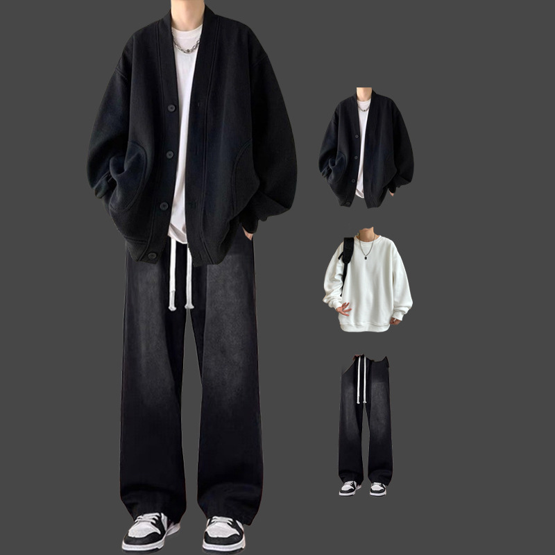 Boys' High-End Knitted Cardigan Three-Piece Set for College Students, Handsome Daily Wear, Salt-Based Boyfriend Style Fashion Suit
