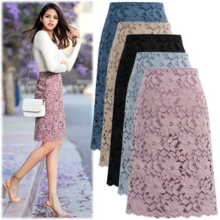 Foreign Trade Women's Clothing European and American 2021 Spring and Summer New Large Size Skirt High Waist Lace Skirt Mid-length Solid Color Hip Skirt