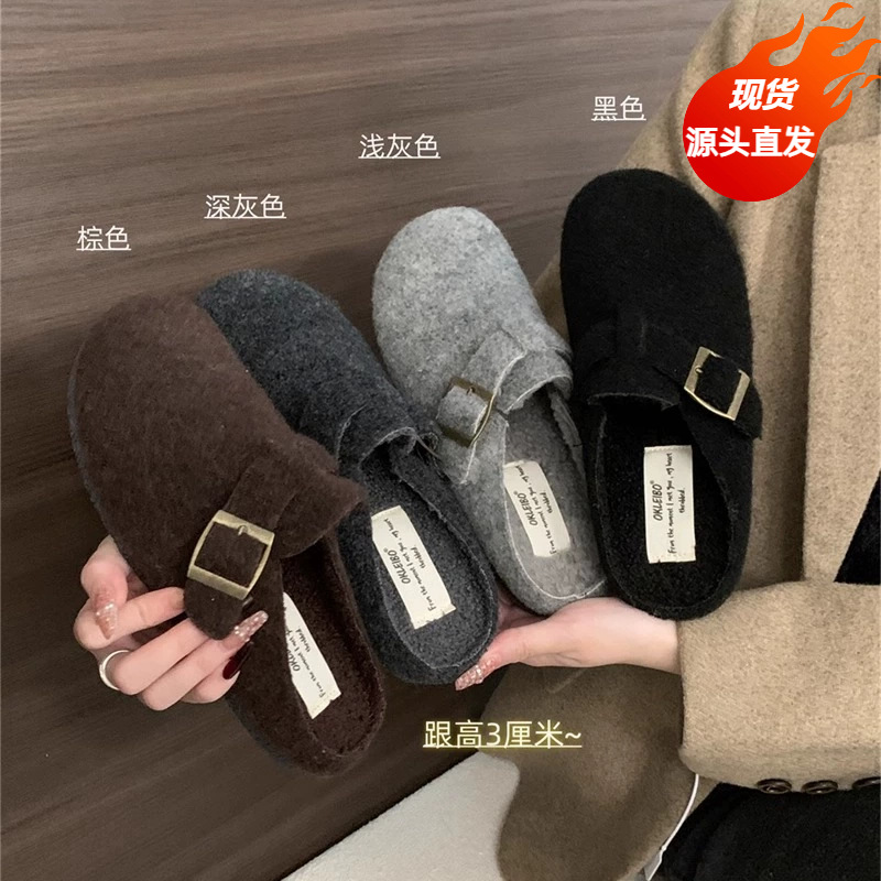 Thick-Soled Furry Shoes Fleece-Lined Toe-Toe Birkenstock Slippers for Women Retro Woolen Buckle Lazy Shoes for Outer Wear 2025 Autumn and Winter