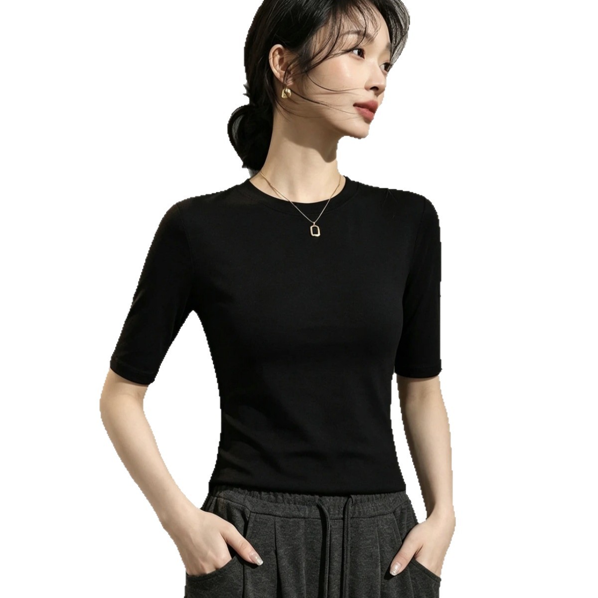 Early autumn mid-sleeve base layer, suitable for wearing alone or as an inner layer, slimming and figure-flattering, available in multiple colors - 3551-1