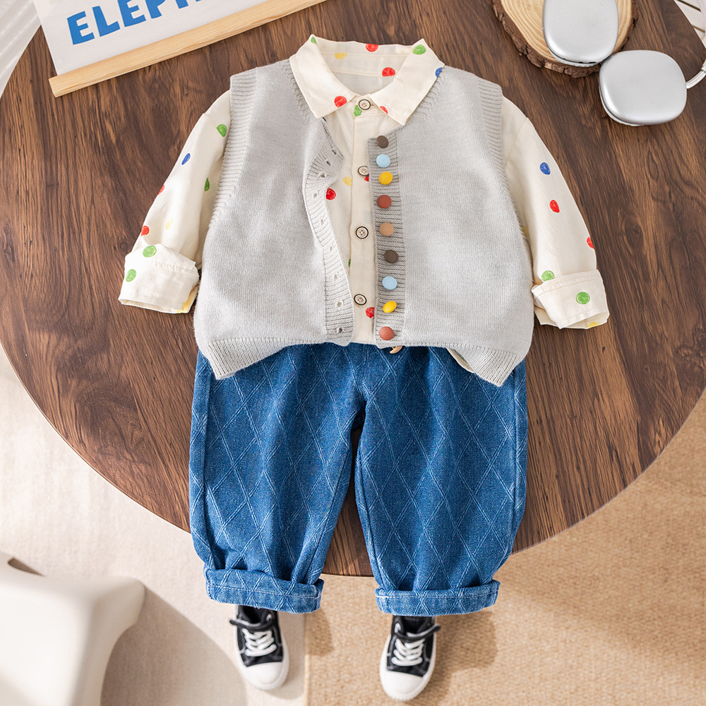 Ensemble trois pièces pour garçon, pull à boutons colorés, nouvelle collection printemps-automne 2025, tenue élégante à manches longues pour bébé_voghion.com