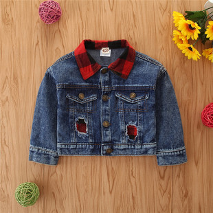 Girls' Denim coat spring new cross-border children's clothing one-piece delivery female baby Western style Plaid lapel jacket top