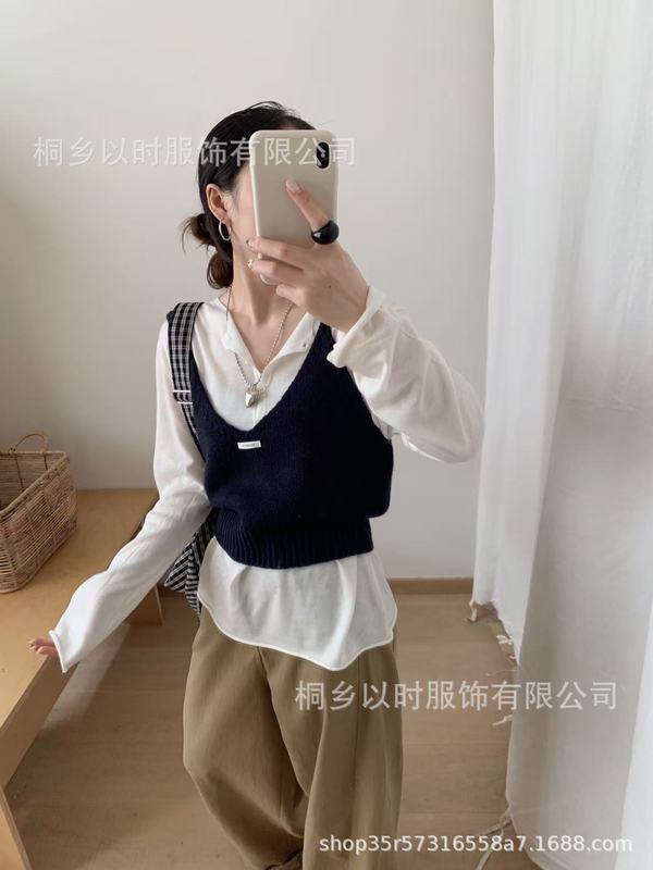 以时 秋装新品叠穿针织吊带衫 韩标V领前后两穿针织小吊带背心女|undefined
