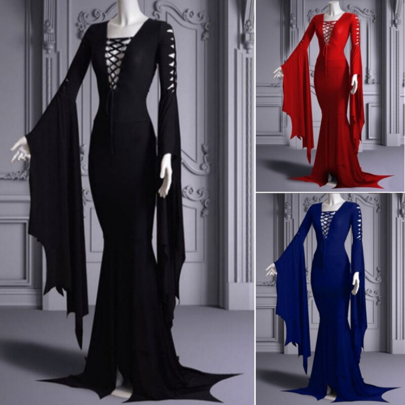 New Halloween sexy lace-up hip-wrapped Gothic women's European and American bell sleeve lace-up V-neck dress in stock