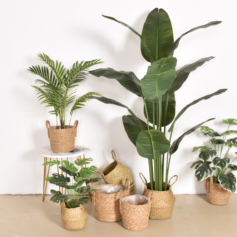 Nordic simple folding seagrass woven flower basket hand-held rattan storage basket simulated green plant large and small flower pots