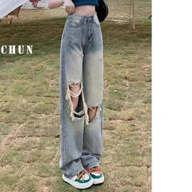 美式辣妹破洞高腰牛仔裤女显瘦阔腿宽松2025夏季薄款乞丐小个子潮