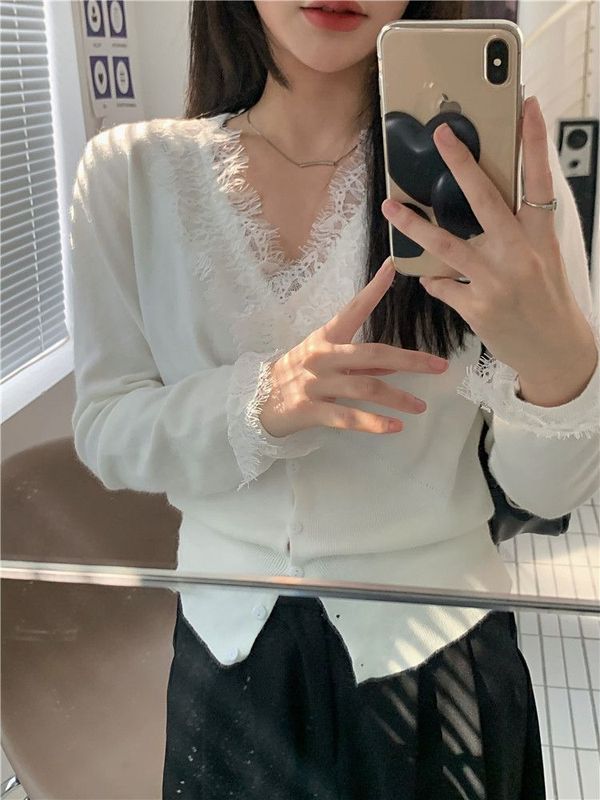 早秋甜辣蕾丝拼接针织开衫女法式大衣内搭高级感毛绒打底衫上衣冬|undefined