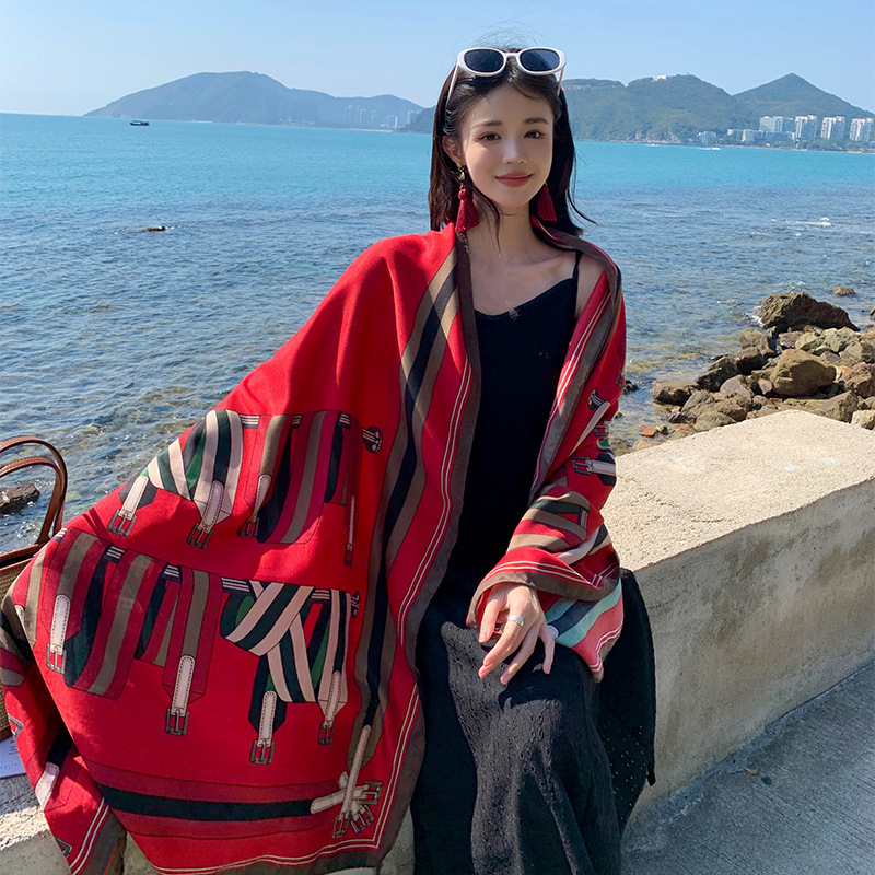 Estilo coreano simple de algodón y lino sensación bufanda protección solar viaje chal Exterior las mujeres cadena borla larga toalla playa