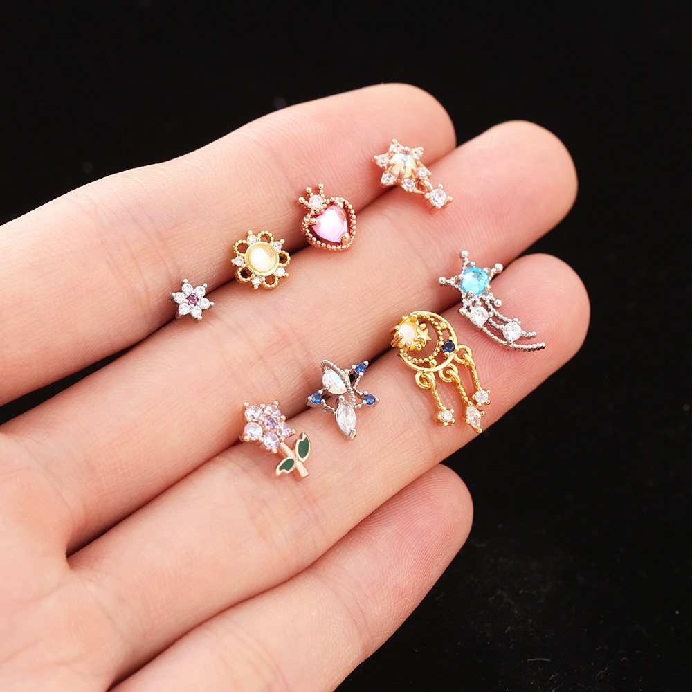 Fashion Star Heart Shape Stainless Steel Copper Plating Inlay Zircon Ear Studs 1 Piece display picture 2
